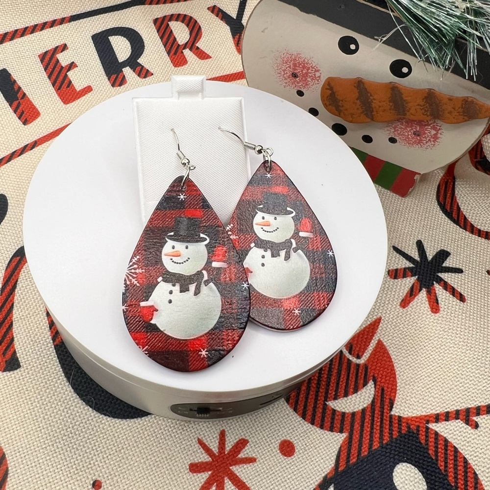 Wooden Snowman Holiday Earrings NEW